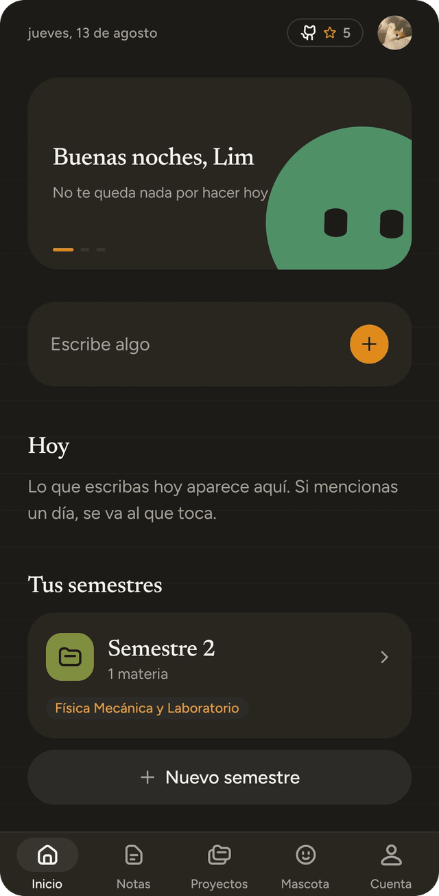 Pantalla de inicio de Miniout con el campo para escribir y los semestres