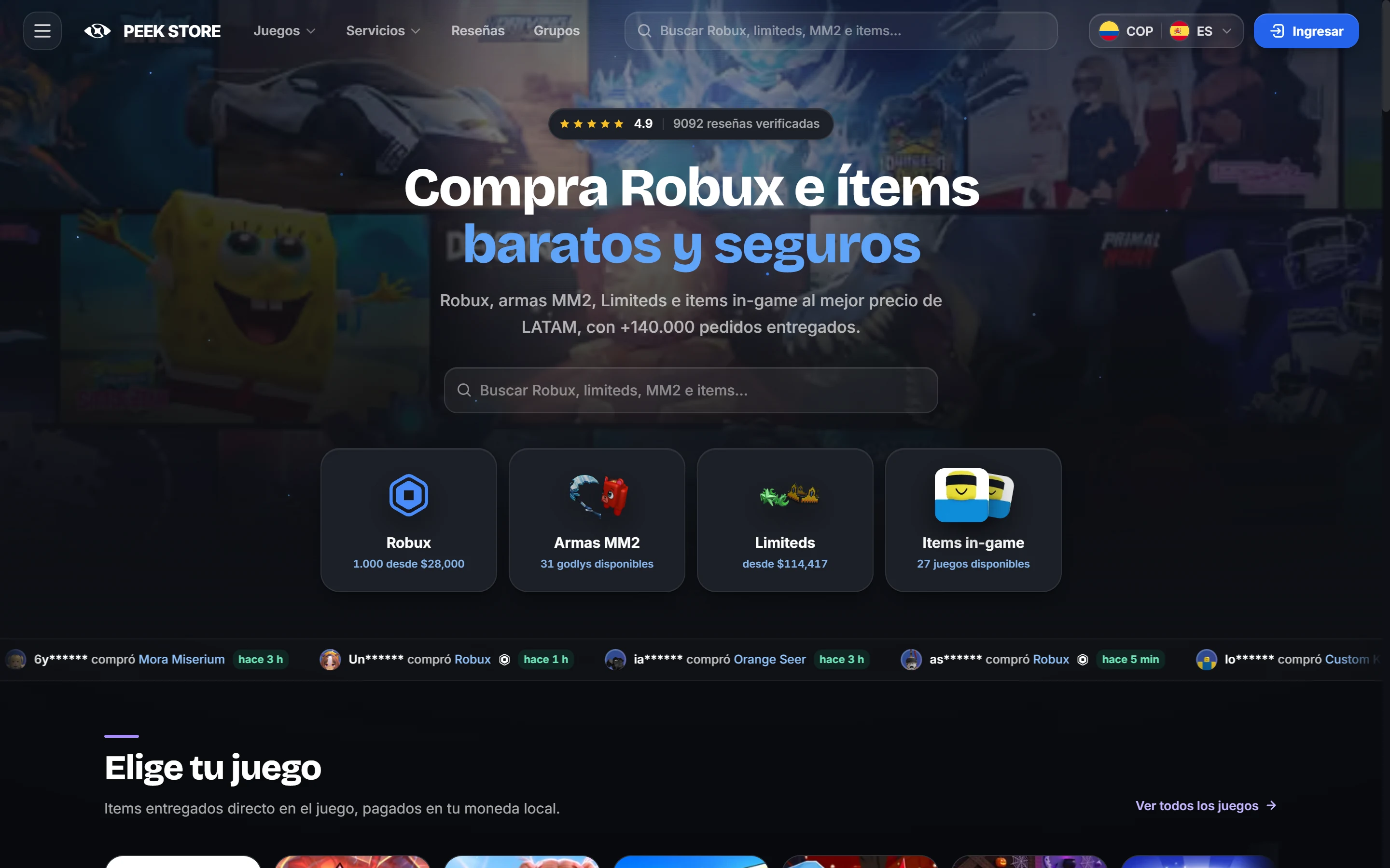 Portada de PEEK Store con el buscador y las categorías de Robux, MM2, Limiteds e items in-game
