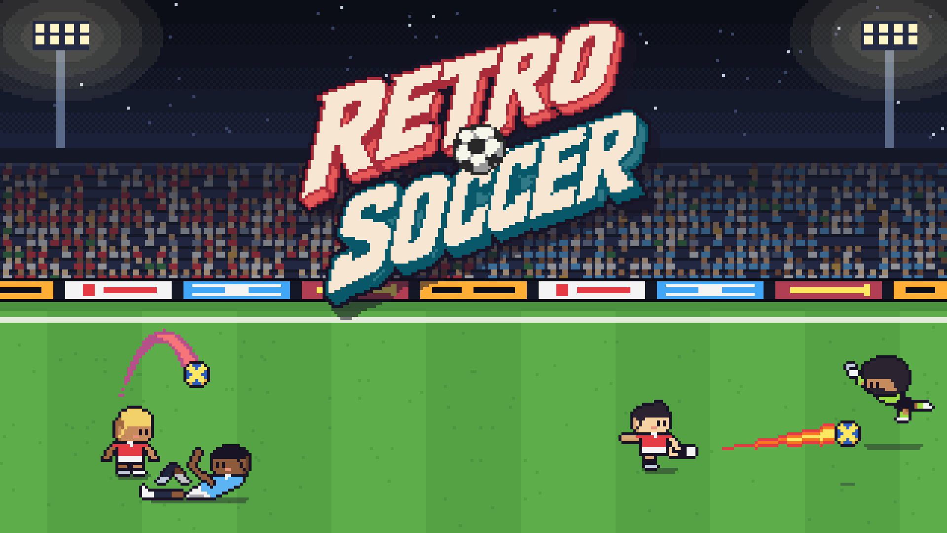 Portada de Retro Soccer en el estadio de noche, con jugadores en pixel art
